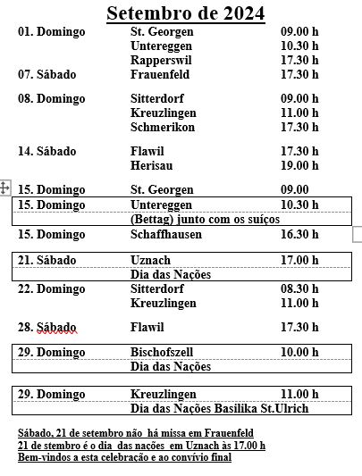 Programa das Missas Setembro 2024